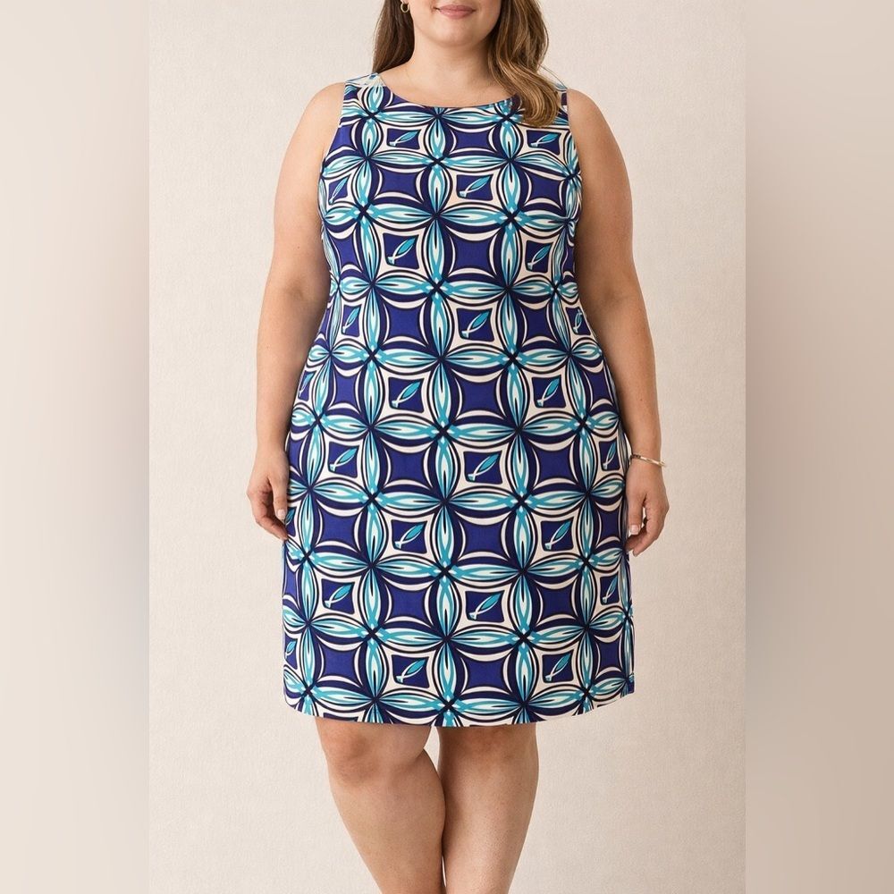 Dressbarn 16W Plus Size Sleeveless Shift Dress Blue Teal Geometric Career